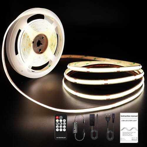 ROUKLE Striscia LED COB 8mm - 10M, 24V, Super Luminosa e Dimmerabile, CRI90+ con Controllo RF | 3840 LEDs | Bianco Neutro 4000K | Perfetto per Ambienti Domestici e Diufficio