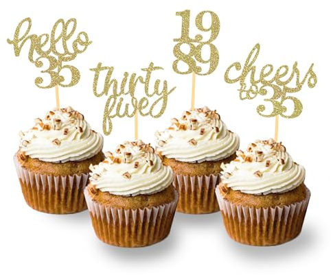 24 Stück Glitzer 35. Geburtstag Cupcake Toppers, Geburtstagsdeko 35 von 1990 für 35. Geburtstag Junge, 35 Geburtstagsfeier Zubehör Party Dekoration Kuchendekoration (Gold)