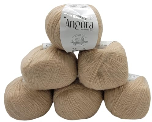 6 x 100 g Strickgarn Papatya Angora einfarbig mit 20% Merino Wolle, 600 Gramm Strickwolle uni (beige 4180)