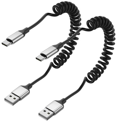 Cavo spirale da USB A a USB C, 2 pezzi Cavo USB C corto cavo di ricarica veloce cavo di ricarica USB Android Auto cavo dati di tipo C per Samsung S23 S22 S21 S10 S9 S8 S7, Xiaomi, Huawei - Nero