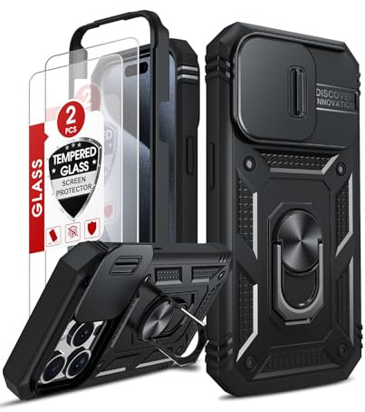LeYi Kameraschutz Hülle für iPhone 15 Pro Max [2 Hartglas Schutzfolie] Handyhülle Metall Ring Ständer Cover Case Kamera Schiebeabdeckung Schutzhülle Militär i Phone 15 Promax Handy Hüllen Schwarz