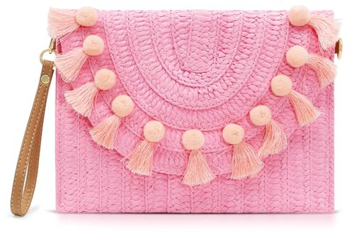 QTKJ Straw Crossbody Bag for Women, Pink Clutch Purses, Bohemian Handmade Woven Handbags, Envelope Wallet, Tassels Summer Beach Bag, Pink, One Size