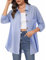 Irevial camisa lino mujer Blusa de Informal Elegante Tops con Botones Camiseta de Gran tamaño con cuello de pico de manga larga Camisa Mujer con Bolsillo Azul，S