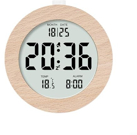 Digitaler Wecker aus Holz, LED, rund, quadratisch, digitaler Wecker mit Kalender und Temperaturanzeige für Wohnzimmer (rund)