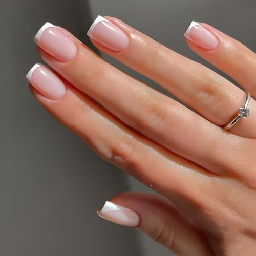 DMQ French Tip Nails, 24pcs Square False Nails, Nude Color, Glossy Finish, Squoval Stick On Nails