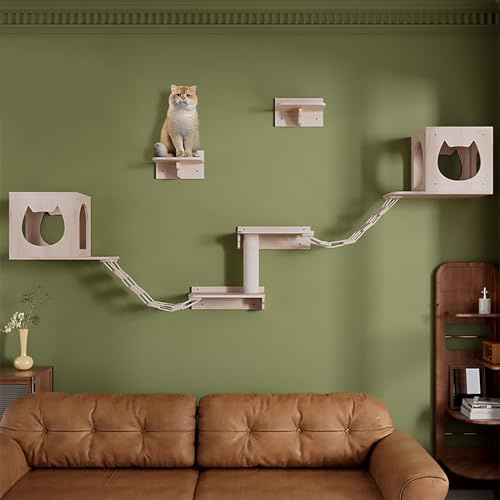 DIY Katzen Kletterwand Set, Massivholz-Katzenwandmöbel, Katzenregale und Sitzstangen für die Wand, Platzsparend, (Style1)