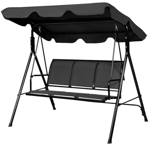 KOMFOTTEU 3-Sitzer Hollywoodschaukel, Gartenschaukel mit Sonnendach & Rückenlehne, Schaukelbank, Schaukelstuhl für Garten Balkon Terrasse (Schwarz)