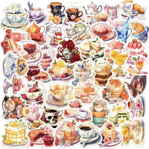 Afternoon Tea Stickers for Laptop (50 PCS),Gift for Children Teens Adults Girl Boys,Waterproof Stickers for Water Bottle,Afternoon Tea Vinyl Stickers for Scrapbook,Skateboard,Bike,Phone,Dairy