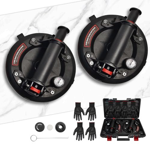 URLINE 2er-Set 8 Saugheber mit Manomete,Tragkraft Max.200KG.Vakuum Fliesenheber mit Tragbarer Werkzeugkasten Fliesensauger für Fenster, Fliesen, Grani