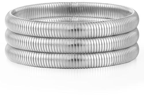 Emibele Armband-Set 3 Stück, 8mm Rostfreier Stahl Armband Stapelbares Stretch-Armband Elastisches Schlangenketten-Armband, Einfaches Modisches Stapelarmband für Frauen Teenager, Silber