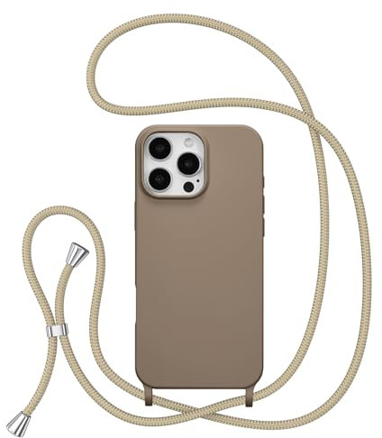 ZTOFERA Crossbody Lanyard Case for iPhone 16 Pro, Liquid Silicone Protective Phone Case with Strap Adjustable Neck Cord Necklace Soft Cover for iPhone 16 Pro, Brown