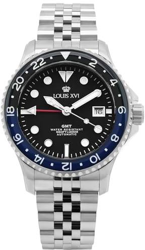 LOUIS XVI Mirabeau GMT 1433 - Ø 41 mm - Herren Uhr - Wasserdicht - Uhr mit Saphirglas - Armband Silber - Zifferblatt Schwarz - Automatikuhr