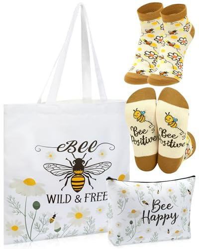Bulyoou 3 piezas de regalos temáticos de abeja para mujer, divertidos regalos de abeja de miel, bolsa de lona con cremallera, bolsa de maquillaje de abeja y calcetines de abeja para Acción de Gracias,