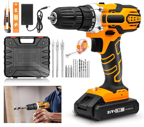 YWNYT Akku-Bohrschrauber 21V, Power Akku-Schlagbohrschrauber mit 2,0 Ah Akku, 25+1 Drehmoment, 35N.m Akku-Bohrmaschine, 2 Geschwindigkeiten, elektrische Bohrmaschine mit LED-Licht, 23 Stück für Haus