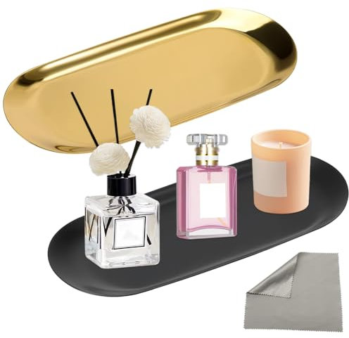 Decorative Tray, 2 Pack Vanity Tray, Perfume Plate and 1 PCS Grey Wipe for Cosmetics Trinket Desserts Tea Snack Fruit Decorative(Black and Gold)