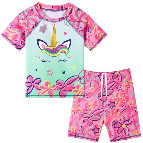 Girls Swimming Costume Kids Two Piece Short Sleeve Swimsuit UPF 50+ UV Rash Guard Set Rose Red