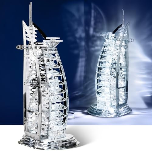 GalaSpark 3D-Puzzle Burj Al Arab Gebäudemodellbausatz, DIY Dubai Wahrzeichen Gebäudemodell mit LED-Licht, Heimdekoration Festivalgeschenk für Erwachsene und Kinder 100-teilig (Silber)