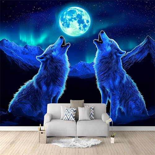 Fototapete Schlafzimmer Fantasie Wolf Polarlicht Fototapete 3D EFFEKT 350 x 256 cm Vlies Tapeten Moderne UV-Beständig Wandbild Wandtapete Wohnzimmer Junge Schlafzimmer Flur Dekoration Blau Schwarz