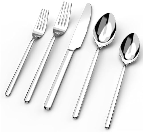 HIKAA Besteck Set 12 Personen, 60 Teiliges 18/10 hochwertigem Bestecksets | Cutlery Set Spiegelpoliert, Edelstahl Essbesteck Spülmaschinenfest für Zuhause, Restaurant, Hochzeit, Party, (Silber)