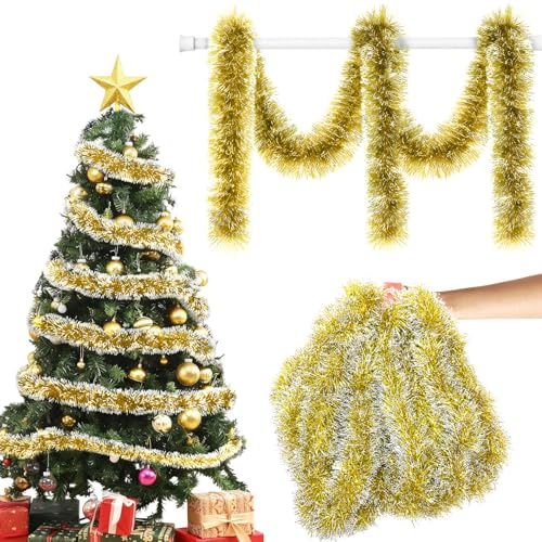 10m Girlande Weihnachten,Weihnachtsbaum Deko,Girlande Tannengirland mit Schnee,Weihnachtsgirlande,Weihnachtsdeko Girlanden,Hängende Dekorationen für Outdoor,Weihnachtsbaum, Treppe,Tür, Kamin (Gold)