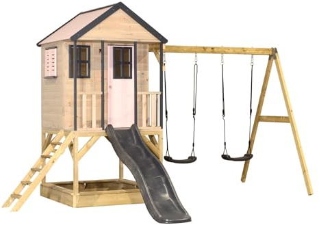 Wendi Toys M60 Stelzenhaus mit Rutsche und Doppelschaukel, Spielhaus aus FSC-Holz für Kinder Garten Outdoor, Podesthöhe 90 cm, 290×405×242 cm, mit 175 cm Rutsche, Sandkasten (Pastellrosa/Grau)