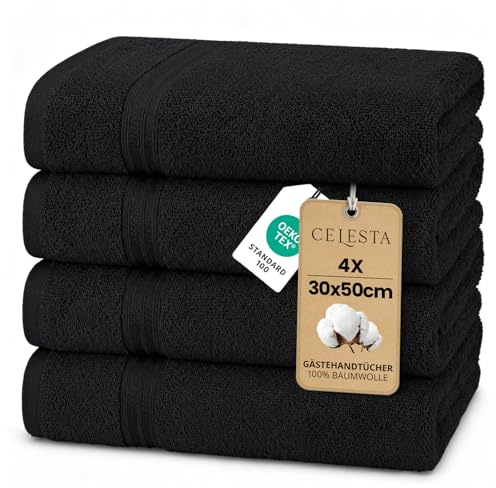 CELESTA Gästehandtücher 30x50 cm, 4er‑Set, 100% Baumwolle Frottee, Schwarz | OEKO‑TEX zertifiziert, Frottee‑Handtücher aus Baumwolle, weich & saugstark, ideal für Gästezimmer, Waschbecken, Küche, Reise