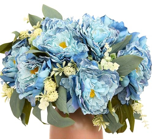 KP HOME Blumenstrauß künstlich aus Blauen Pfingstrosen – Deko Kunstblumen Wie Echt mit 12 Blüten - 40 cm Hohe Seidenblumen für Innen & Außen, Tischdeko, Hochzeiten, Events oder Grabgestecke