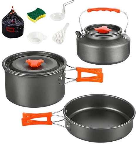 Juego de utensilios de cocina para camping, 10 piezas para exteriores para 2-5 personas, juego de utensilios de cocina con cacerola, sartén y tetera, cacerola de aluminio para exteriores, senderismo