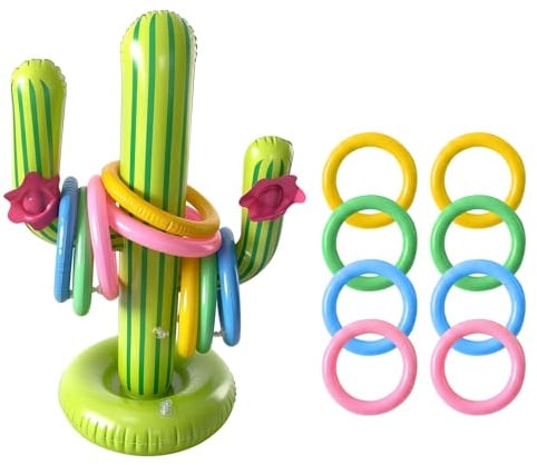 SEESUNO 9 Pieces Cactus Ring Toss Game Set, Pool Toys Decorations with Inflatable Cactus 8 Rings for Family Hawaii Cowboy Pool Party