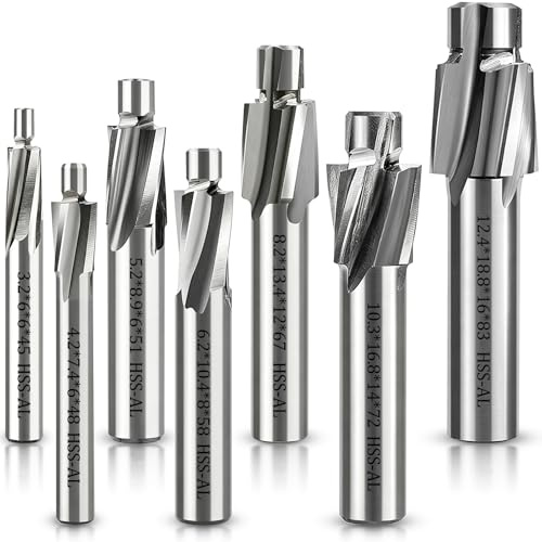 LOVLEX Set di 7 punte HSS M3-M12, fresa piatta a 4 denti, per metallo, acciaio, alluminio, acciaio inossidabile, legno, plastica, rame, fresa CNC