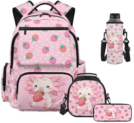 Uacyareni Juego de mochila para niños y niñas, escuela primaria, 4 piezas con lonchera y estuche para botella de agua, mochilas Escolares para Niñas, Rosa Axolotl Fresa, Mochilas rucksack