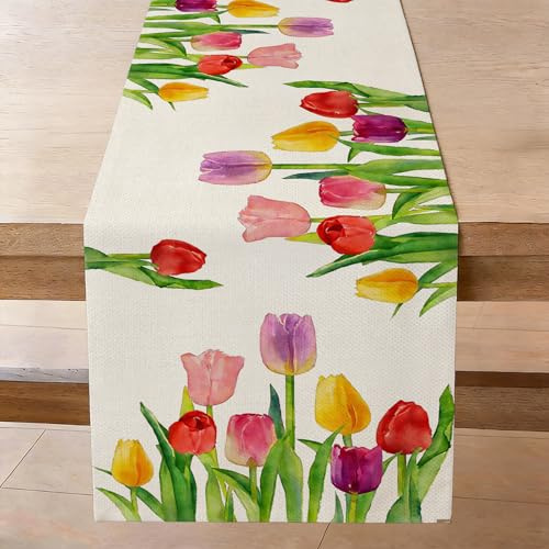 Tischläufer Modern Bunt Blumen Tulpe Sommer Tischdeko Hochzeit Abwaschbar Leinenoptik Küche Esstisch Tisch Dekoration für Drinnen Draußen Wohnzimmer Party Deko, 40x100 cm