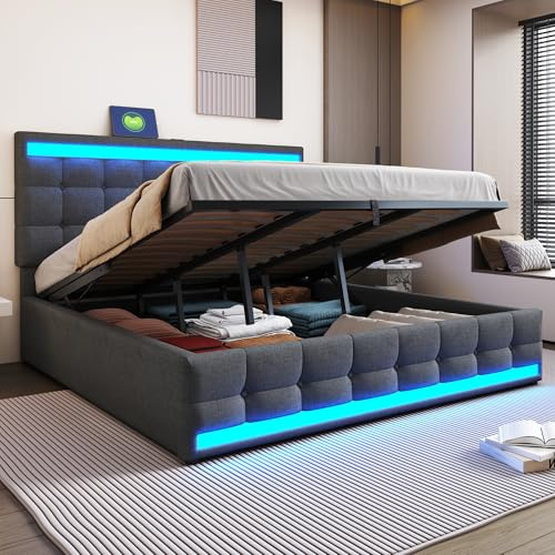 FAVSH Jugendbett Hydraulisch Stauraumbett 90×200cm, Leinen Polsterbett Doppelbett mit LED und USB-Ladefunktion, Funktionsbett Boxspringbett mit Stauraum und Lattenrost, Grau, Ohne Matratze