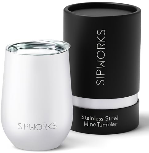 Sipworks Stainless Steel Wine Tumbler: Double-Wall Vacuum Insulated Stemless Wine Glass with Lid, 12-Ounce Arctic White