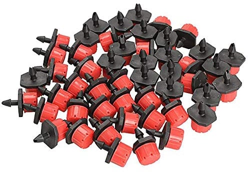 SagaSave - Irrigatore regolabile con 8 fori, micro emettitore a goccia con sistema di irrigazione su 1/4, per aiuole, ortaggi, prato, confezione da 100, colore: rosso