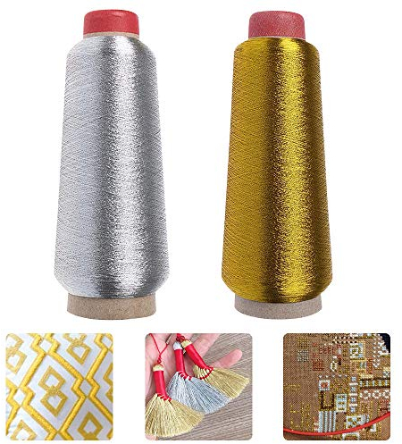 LYTIVAGEN 2 Pz Filo da Cucito in Poliestere Filo per Macchina da Cucire Fili da Ricamo 3200m/Rocchetto Filo da Ricamo Macchina da Cucire Merceria per Lavoro a Maglia, Cucito, Uncinetto (Oro e Argento)