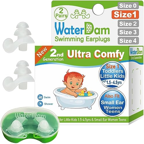 WaterDam Schwimm-Ohrstöpsel, wasserdicht, ultra-bequem, verhindern Schwimmerohren, Größe 1 + 1: Kleinkinder & extra kleine Ohren, Teens & Damen (transparent)