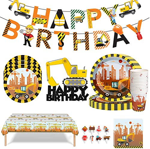 Partyhausy 91Stück Baustelle Partygeschirr Geburtstag Deko, Bagger pappteller Geburtstagsdeko Baustelle Kindergeburtstag Partyset