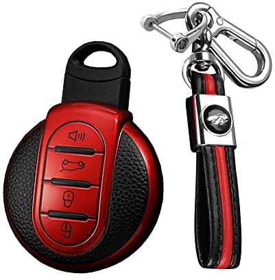 KUNIO Coque de clé de Voiture Compatible avec BMW Mini One Cooper S F54 F55 F56 F57 F60 Jcw Clubman Works Countryman TPU Texture Cuir Porte-clés clé 4 Boutons Rouge
