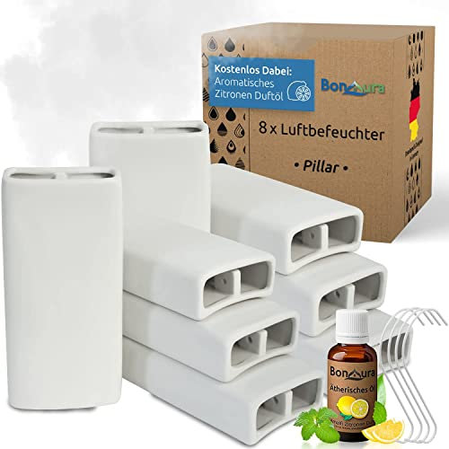 Luftbefeuchter Heizung Keramik I Haken & Duftöl [8er Spar-Set, 400ml] I Wasserverdunster für Heizkörper mit Duft I Verdunster & Befeuchter Wasser Behälter