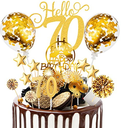 Tortendeko 70 Geburtstag Mann Frau, 17Pcs Kuchen Deko 70.Geburtstag Deko Männer,Tortenstecker 70er Geburtstag,Cake Topper 70 Happy Birthday mit Geburtstagskerzen Sternen Hallo 70 Papierdekoration Gold