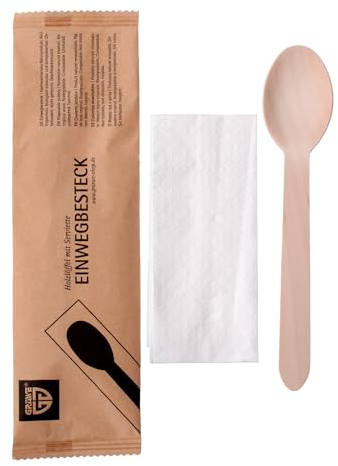 GRÄWE Holzlöffel mit Serviette, 25er Set, einzeln abgepacktes Holzbesteck mit Serviett