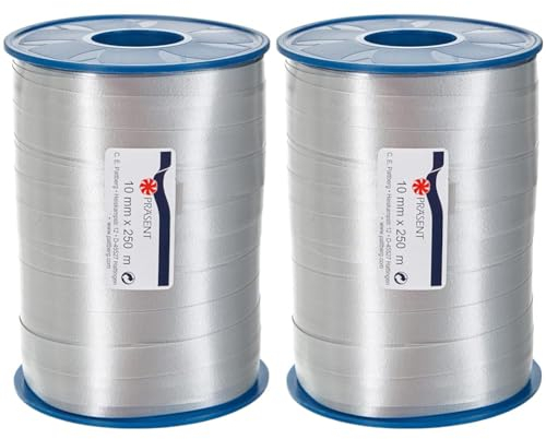 C.E. PATTBERG Geschenkband silber, 250 Meter Ringelband 10 mm zum Basteln, Dekorieren & Verpacken von Geschenken zu jedem Anlass (Packung mit 2)