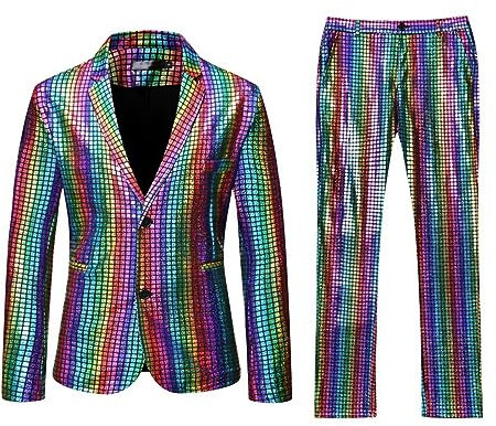 DeaAmyGline Glitzer Anzug Herren 2 Teilig Sets Pailletten Jacke und Hose Metallic Glänzende Anzüge für Männer Disco Outfit Party Karneval Kustüm Hochzeit Mottoparty Nachtclub Herrenanzüge