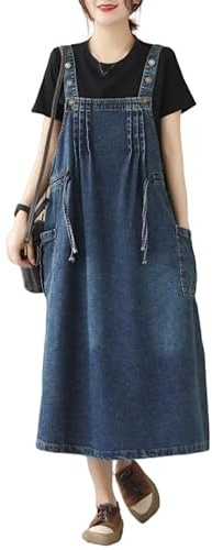 LIUYUYOUGO Robes Casual Femme,Robe Chasuble en Jean pour Femme Élégante Bleu Foncé sans Manches Débardeur Été Décontractée Ample Salopette en Jean Surdimensionnée Froncée Cordon De Serrage