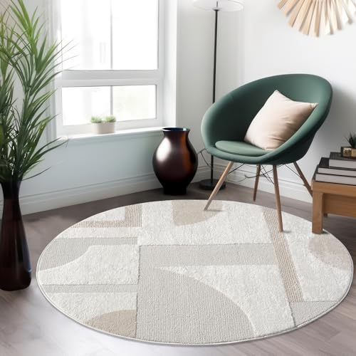 payé Teppich Rund 200x200cm - Creme Geometrische Muster Boho Design Flachflor Hochtief Struktur Bodenbelag Deko