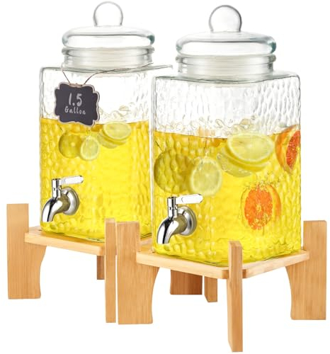 VEVOR Dispensador de Bebidas de 5,5 Litros para Fiestas, Dispensador de Jugo de Vidrio con Soporte, Espiga de Acero Inoxidable, Dispensador de Agua de Jugo de Limonada de Té Helado, 320 x 172 x 172 mm