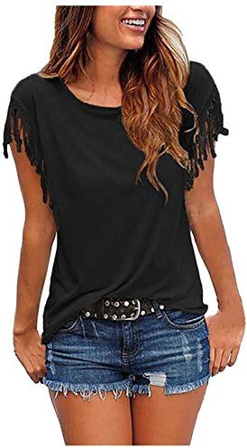 Cocila Blusenshirt Damen Lässige Mode für Damen mit lockeren Quastenärmeln, mehrfarbiges Kurzarm-T-Shirt Bluse Schwarz Damen Damen Bluse V Ausschnitt T Shirt Neonfarben Damen
