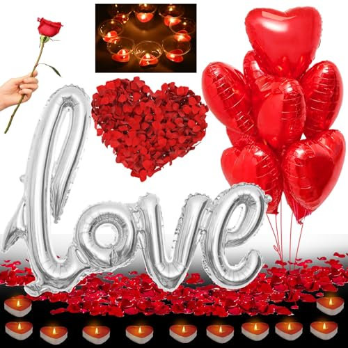 YOUYIKE Romantic Decoration Set, Red Tea Lights, Gold Foil Balloon for Mother's Day, Engagement, Birthday, Anniversary, Bridal Shower, Romantic Candle Set, Wedding Decoration Set, Rose Petals, Roses