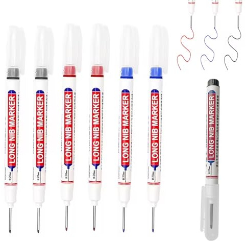 Jeeshvan 6 Pcs Deep Hole Marker Pens, 23mm Extra Long Nib Marker Carpenters Pen, Long Head Deep Hole Markers, Marking Tool for Marking Hard To Reach Places